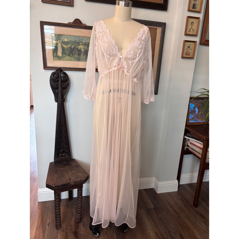 Vintage Sheer Pink Lace Maxi Robe Empire Waist Peignoir Lingerie Nightgown